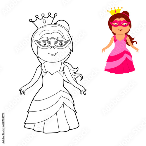 a coloring book, a cute princess in a dress, a mask and a crown. vector cartoon illustration