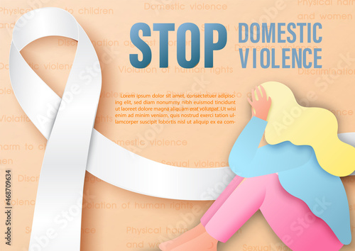 Sad woman with giant White ribbon, wording about International day for the elimination of Violence Against Women's campaign and example texts on violence wording pattern and light orange background.