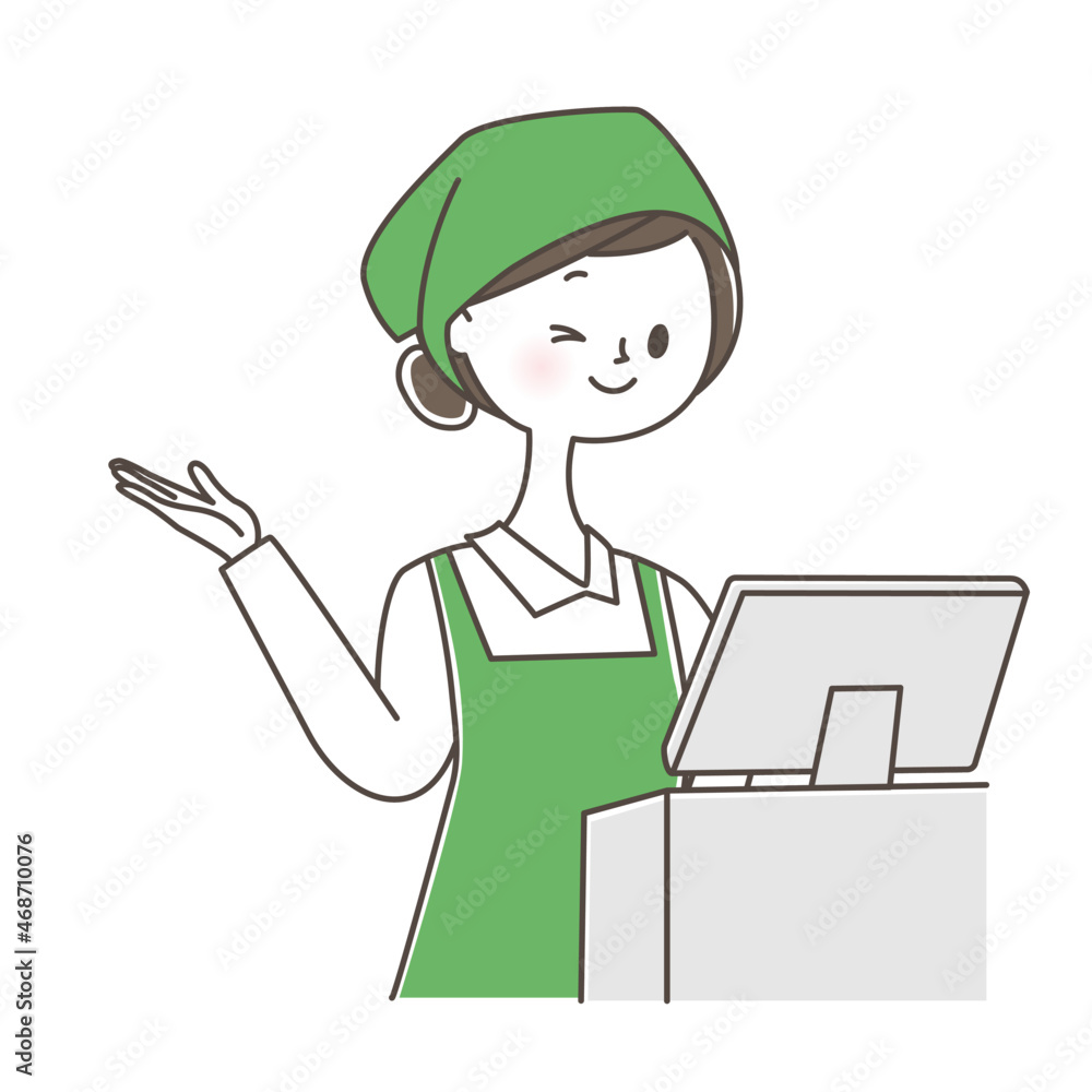 案内するレジ係の女性 案内するレジ係の女性