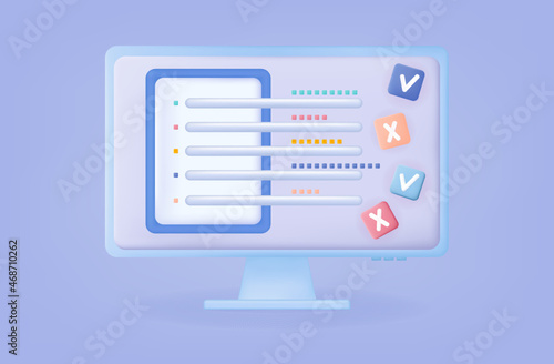 3d quiz online. The result of training, an exam, final or conclusion report. Annual assessment or electronic checklist. Correct or rejected result of the quiz or questionnaire. Vector illustration