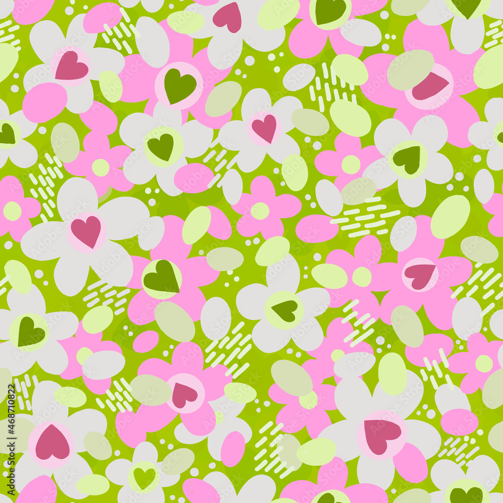 Abstract seamless pattern with multicolored flowers and hearts in the style of Bubble gum fashion design