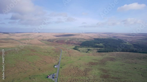 Fields and Road B3212 over Sharpitor in Dartmoor National Park, Devon, England photo