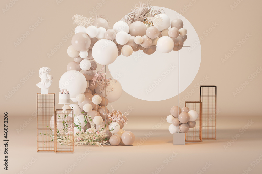 Romantic creative composition. Frame arch for wedding, birthday, baby shower party celebration, holiday. Holiday banner and poster.
White and pastel beige banner background. 3d render - obrazy, fototapety, plakaty 