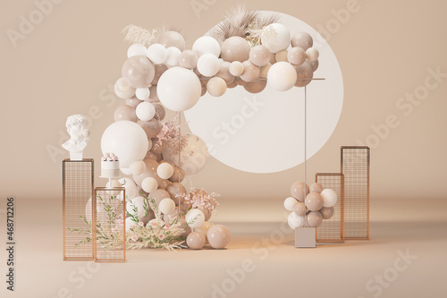 Romantic creative composition. Frame arch for wedding, birthday, baby shower party celebration, holiday. Holiday banner and poster. White and pastel beige banner background. 3d render