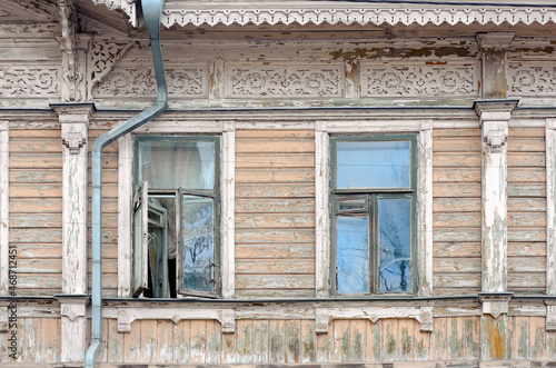 Facade of old wooden building in Kyiv Ukraine