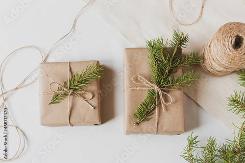 christmas gift isolated on white background decoration festive handmade flat lay. Top view