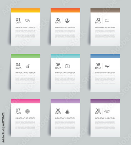 9 data infographics tab paper index template. Vector illustration abstract background.