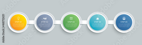 Infographics circle timeline with 5 data template. Vector illustration abstract background. Can be used for workflow layout, business step, banner, web design.