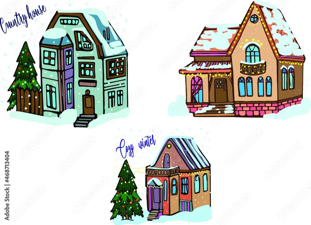 Vector hand drawn doodle house colored, Christmas decorated house, Christmas tree, New Year village house, colored doodle, countryside, snow, lettering, country houses set