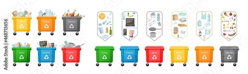 Plastic containers for garbage. Set of bins for different types of trash. Waste management concept. Types of Waste: Organic, Plastic, Metal, Paper, Glass, E-waste. Separation of waste on cans. Vector