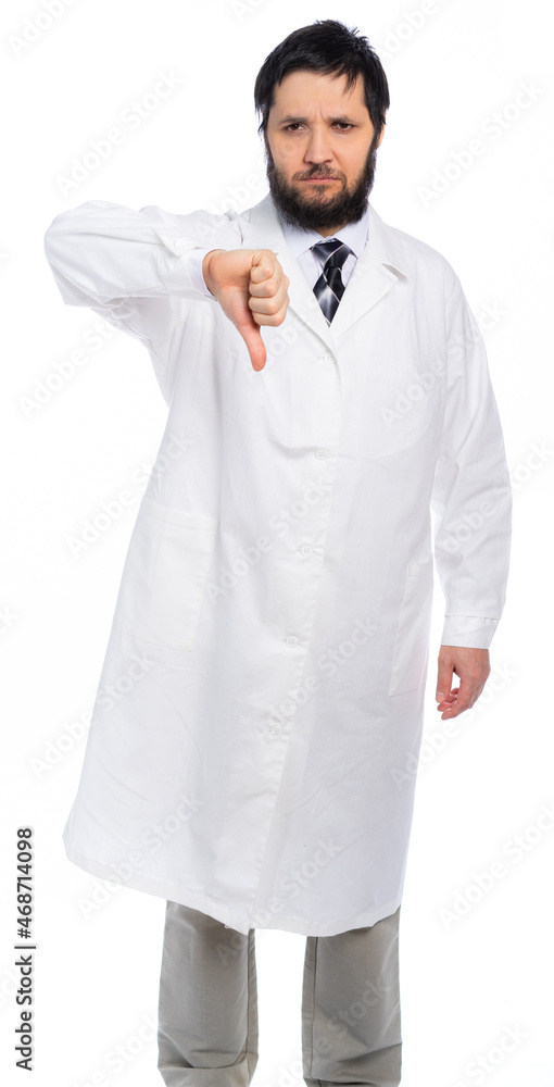 tough doctor looks at us and points down. everything is bad. the medic frowns. the situation is out of control. isolated. White background tough doctor looks at us and points down. everything is bad. the medic frowns. the situation is out of control. isolated. White background