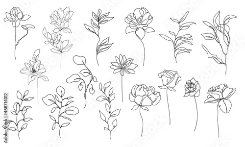 Botanical Line Art Drawing Set. Hand Drawn Continuous Line Drawing of Leaves, Flower, Bouquet, Leaf, Branch. Floral Black Sketches Set on White Background. Vector Illustration. 