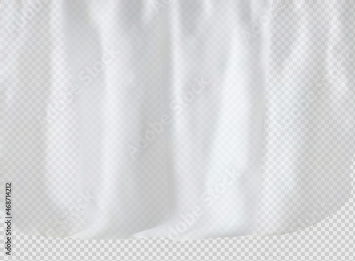 White lightweight fabric curtain fluttering realistic vector illustration mock up. Shower or window fabric on a curtain rod template.