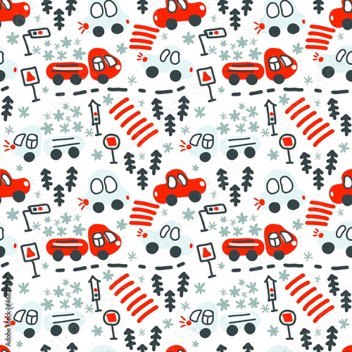 Seamless winter pattern of cars and trucks in snowfall. Perfect for scrapbooking  poster  textile and prints. Hand drawn illustration for decor and design.