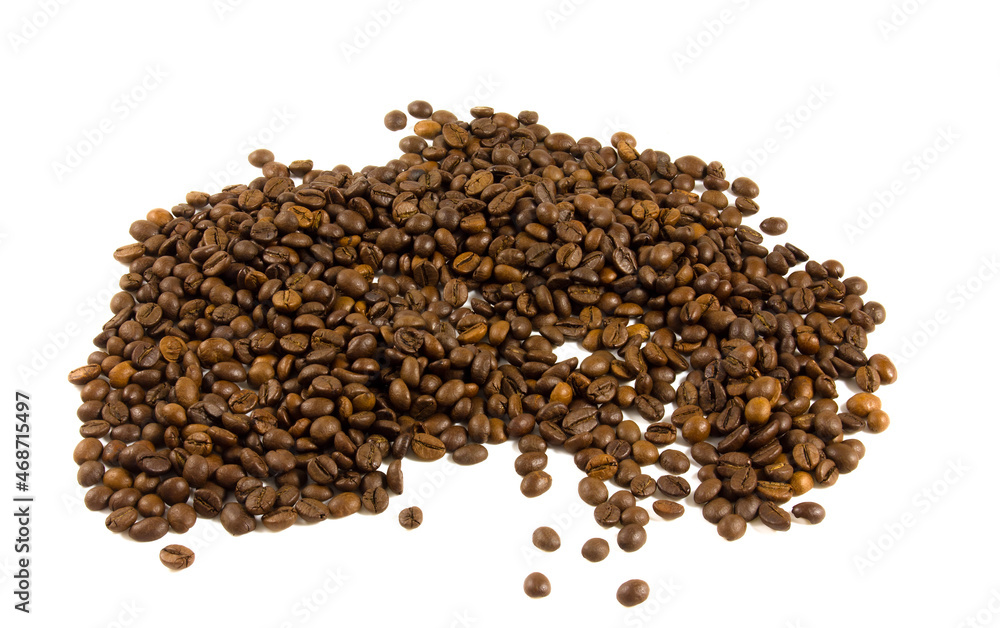 Scattered pile of roasted coffee beans isolated on white background. Scattered pile of roasted coffee beans isolated on white background.
