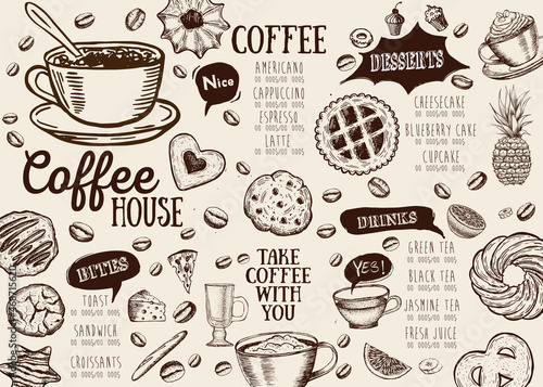 Coffee house menu. Restaurant cafe menu, template design. Food flyer.	