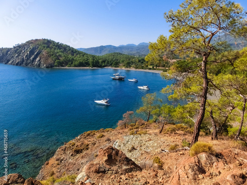 View of the stone beach at the site of the ancient Lycian city of Phaselis. Historic site © Solarisys