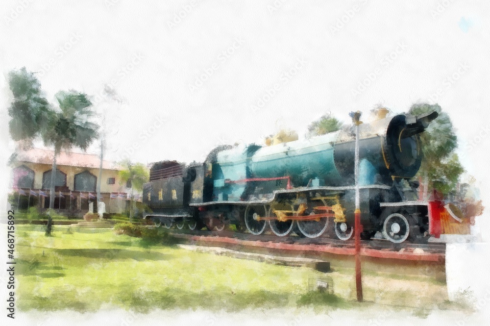 Naklejka premium train station in thailand watercolor style illustration impressionist painting.