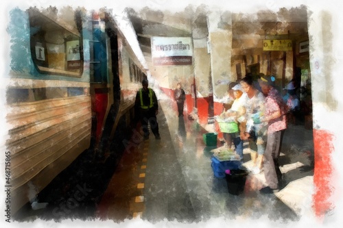 Passengers at a train station in Thailand watercolor style illustration impressionist painting. © Kittipong