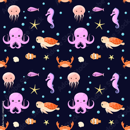 Seamless pattern with cute sea animals in cartoon style. 