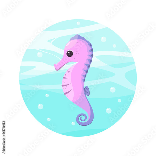 Cute seahorse in cartoon style on the background of the sea.
