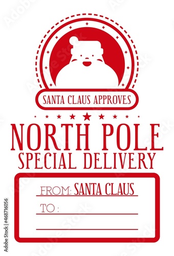 Christmas design for a personalized gift bag from Santa Claus. North pole special delivery. Template for xmas handmade gifts. Vector illustration