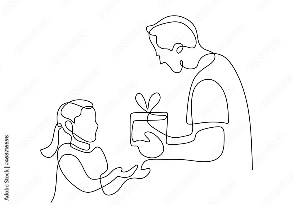 Father holding gift box to daughter, continuous one line drawing Father holding gift box to daughter, continuous one line drawing