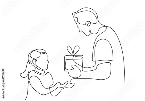 Father holding gift box to daughter, continuous one line drawing