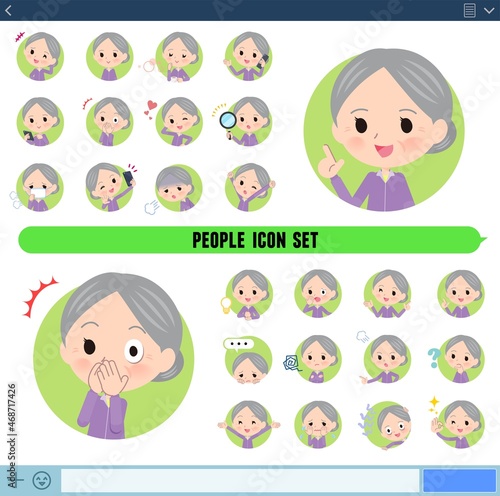 アイコン形式で様々な感情表現をするジャージ高齢女性のセット