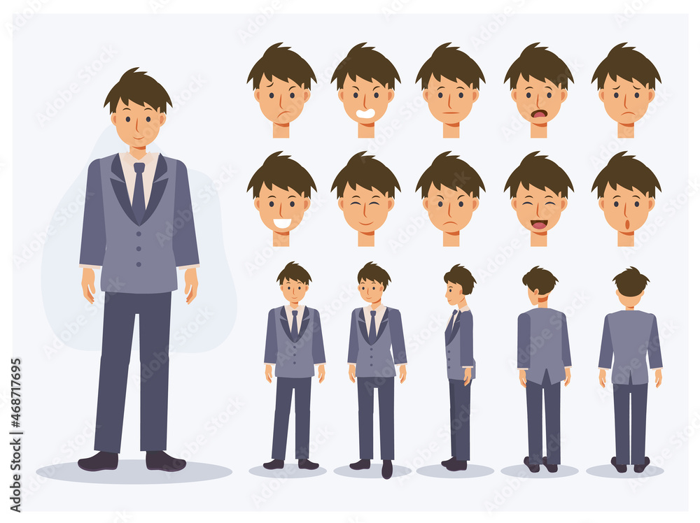 Set of Flat Vector Character Japanese student boy in uniform with various views, Cartoon style. Set of Flat Vector Character Japanese student boy in uniform with various views, Cartoon style.