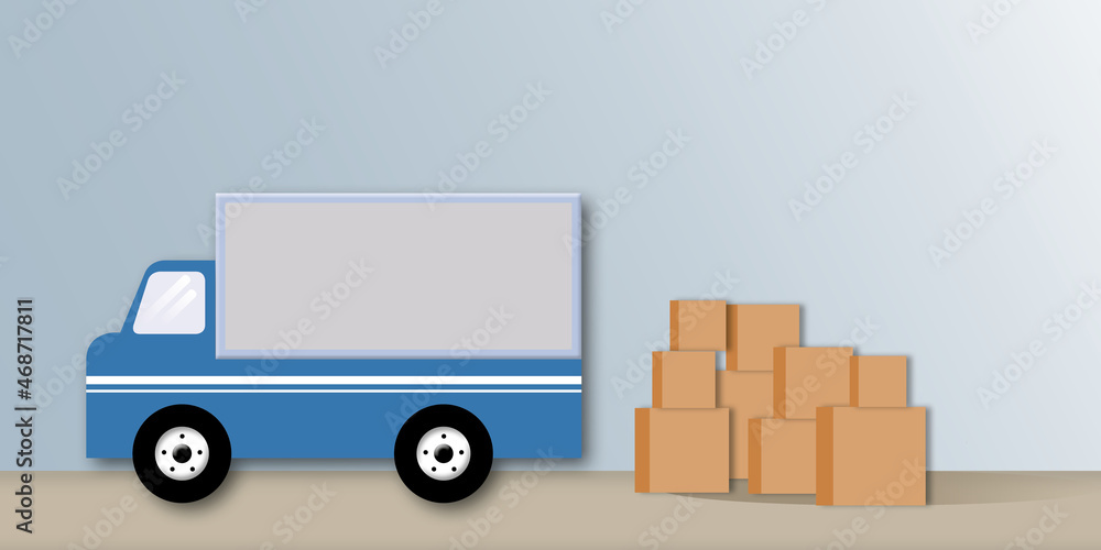 Blue cargo truck with package boxes on grey background, Concept for truck, courier service or postal and logistics, space for the text, paper art design style. Blue cargo truck with package boxes on grey background, Concept for truck, courier service or postal and logistics, space for the text, paper art design style.
