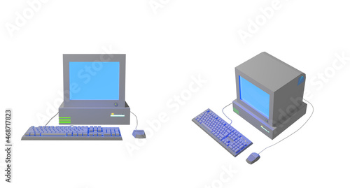 Retro Computer or PC with Vintage Desktop, Monitor, Keyboard and Mouse. 3D Illustration Isolated on White Background.