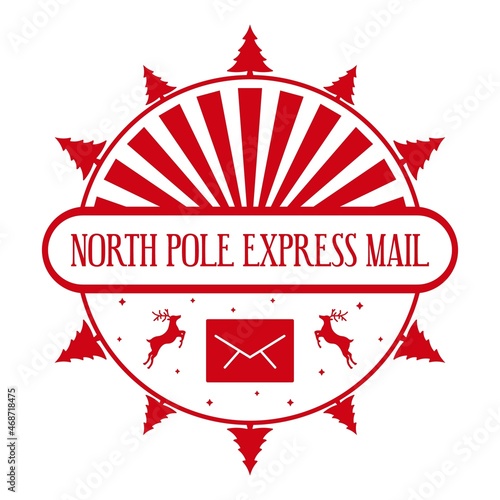 North pole express mail - round stamp design. Christmas decorative element for handmade gifts. Vector illustration on white background