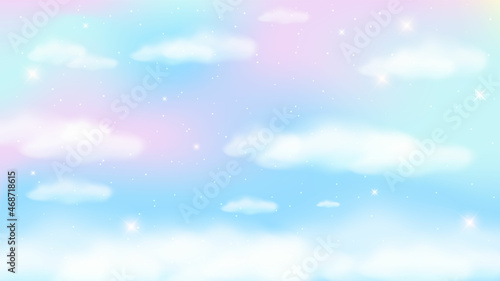 Holographic fantasy rainbow unicorn background with clouds. Pastel color sky. Magical landscape, abstract fabulous pattern. Cute candy wallpaper. Vector.