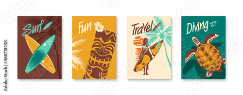 Canvas Print Surfing Color Hand Drawn Poster Set