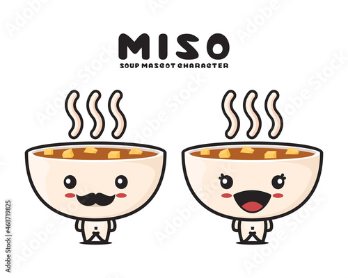 cute miso soup cartoon mascot, japanese cuisine vector illustration