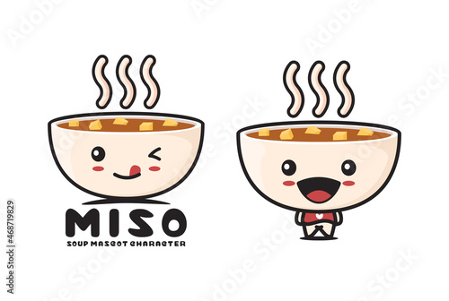cute miso soup cartoon mascot, japanese cuisine vector illustration