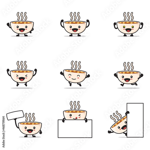 cute miso soup cartoon, japanese cuisine vector illustration, with happy facial expressions and different poses