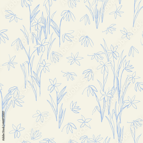 Fototapeta Naklejka Na Ścianę i Meble -  Blooming meadow seamlrss pattern. Hand drawn flowers with leaves and stems, vector illustration. Fabric design, stationery, wallpaper