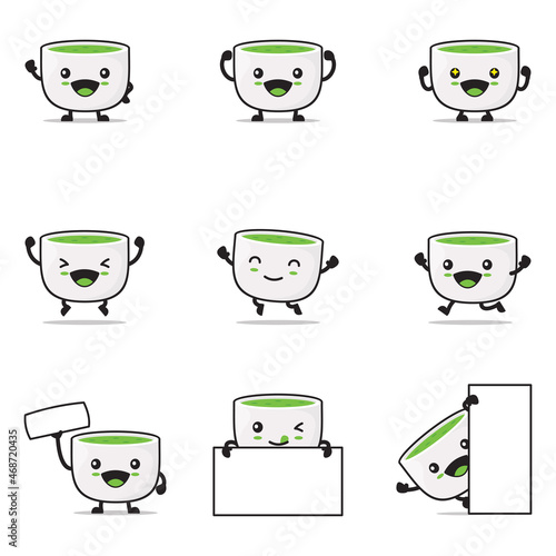 Matcha tea cartoon, traditional japanese drink vector illustration, with happy facial expressions and different poses