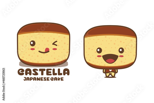 Cute castella cartoon mascot, japanese sponge cake vector illustration photo