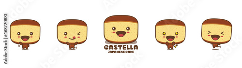 Cute castella cartoon mascot, japanese sponge cake vector illustration, with different facial expressions and poses photo