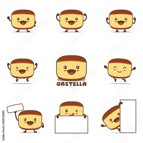 Cute castella cartoon, japanese sponge cake vector illustration, with happy facial expressions and different poses photo