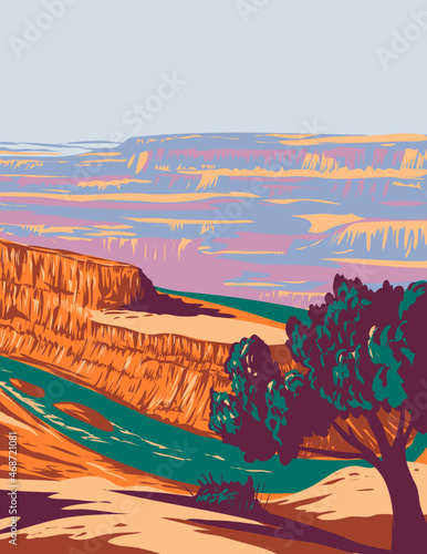 WPA poster art of Dead Horse Point State Park with a dramatic overlook of the Colorado River and Canyonlands National Park Utah United States of America USA done in works project administration style.
