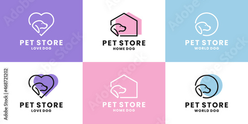 set of pet store logo design. dog love, dog house, dog world logotype
