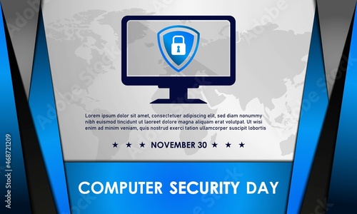 Computer Security Day Background. November 30. Premium and luxury greeting card, letter, poster, or banner. With a monitor, personal computer, shield, and padlock  sign icon vector