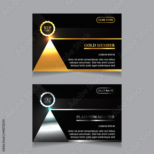 Vector VIP golden and platinum business card. Black geometric pattern background with premium design. Luxury and elegant graphic print template layout for vip member