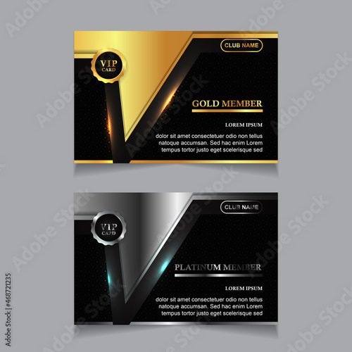 Vector VIP golden and platinum business card. Black geometric pattern background with premium design. Luxury and elegant graphic print template layout for vip member