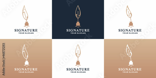 bundle signature feather pen logo design with golden color