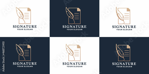set of feather pen signature with note logo design templates